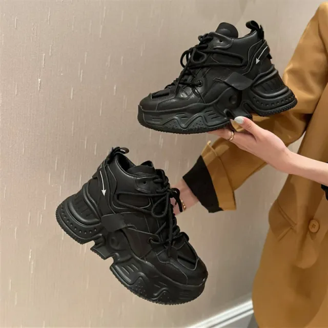New Leather Lace Up Sponge Thick Soled Sports Casual Shoes For Women Black - Shop at LoveMi