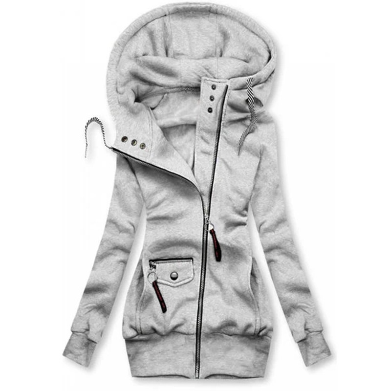 Women's Solid Color Long Sleeve Zip Front Drawstring Hooded Jacket With Pockets Slim Fit Pleated Detail Top For Spring&Fall Gray White - Shop at LoveMi