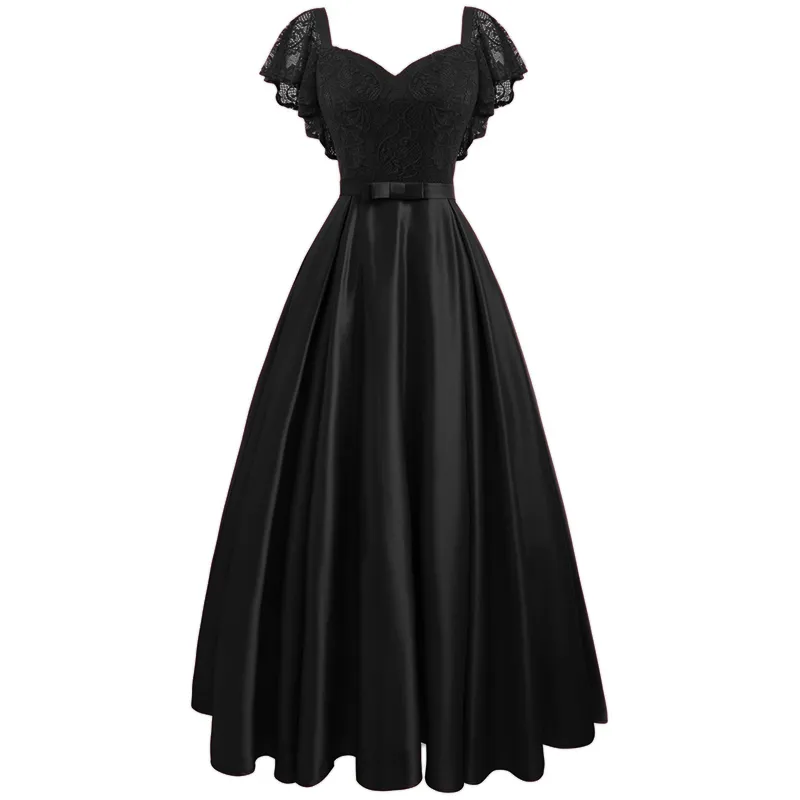 Ladies V-Neck Solid Lace High Waist Swing Dress - Black