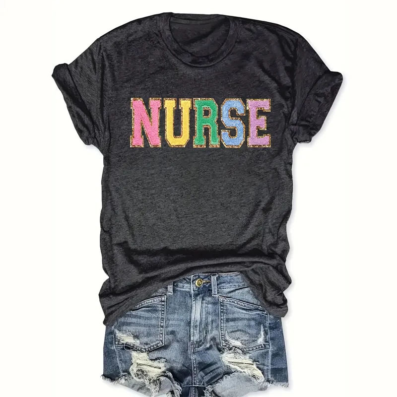 Women's Short Sleeve Round Neck T-shirt - 'NURSE' Printed Casual Summer Top - Black