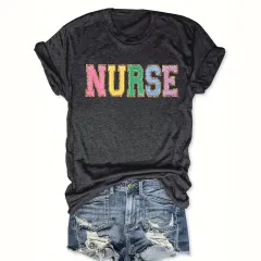Women's Short Sleeve Round Neck T-shirt - 'NURSE' Printed Casual Summer Top - Black - View 1
