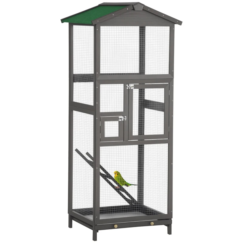 Wooden Bird Cage Outdoor Aviary House For Parrot, Parakeet, With Pull Out Tray And 2 Doors, Grey