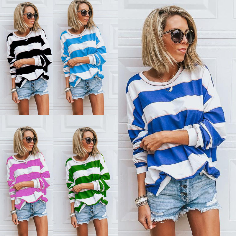 Loose Crew Neck Long Sleeve Printed Striped T-Shirt Top