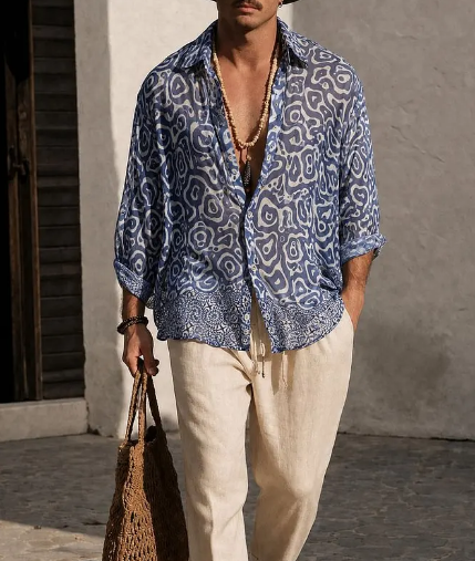 Mediterranean Mosaic Print Sheer Oversized Shirt