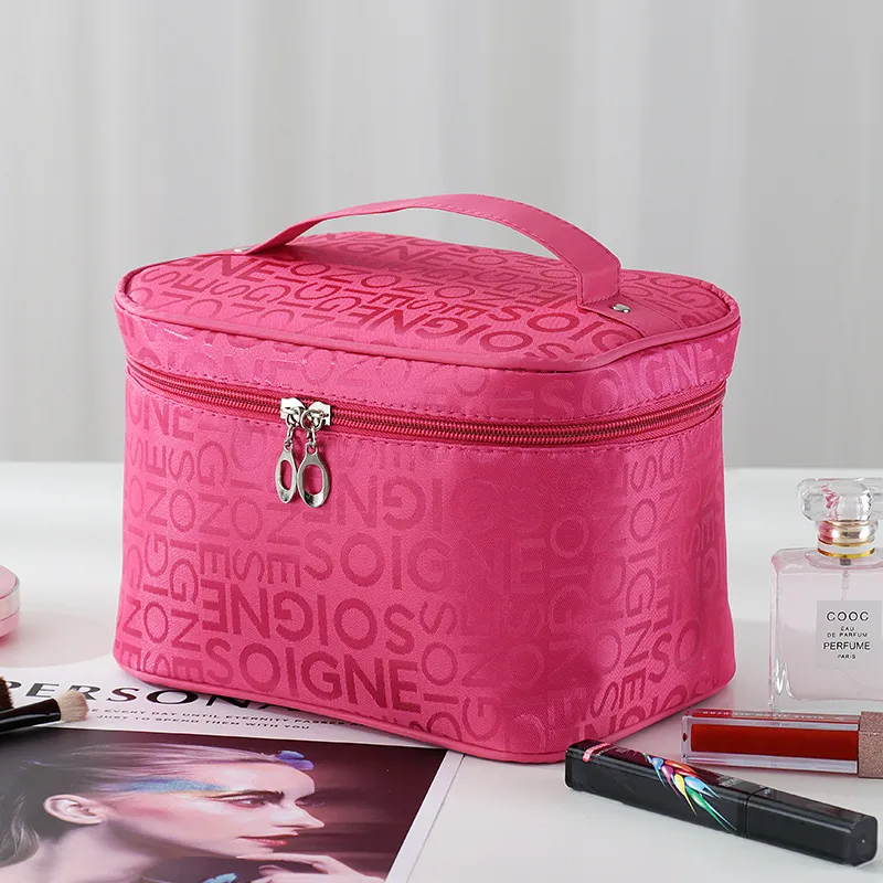 A Lot Of Letter Satin Bento-style Portable Cosmetic Bag - Rose