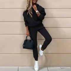 Women's Casual 2-Piece Tracksuit, Solid Colour Hooded Sweatshirt And Slim Fit Jogger Pants For Autumn And Winter - Black - View 1