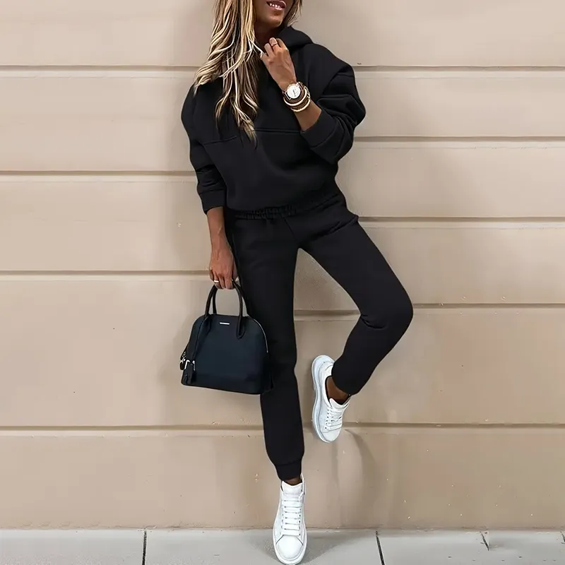 Women's Casual 2-Piece Tracksuit, Solid Color Hooded Sweatshirt And Slim Fit Jogger Pants For Autumn And Winter - Black
