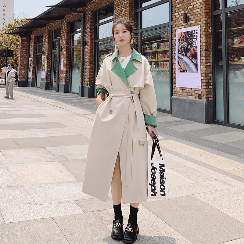 Temperament Loose Goddess Fan Windbreaker Hit Color Hepburn Waist Coat Beige - Shop at LoveMi