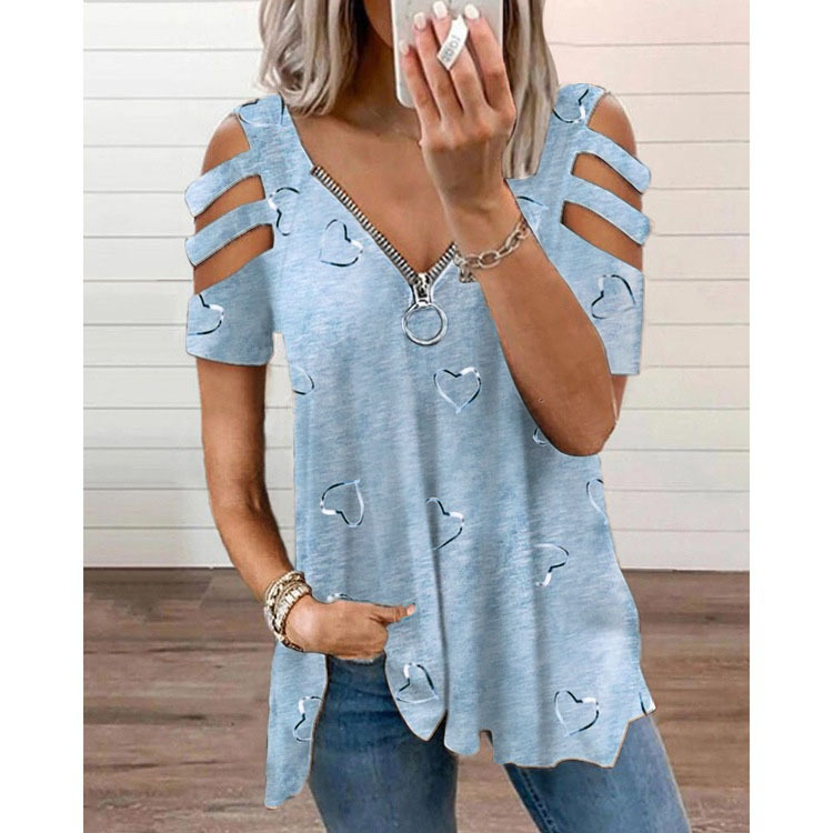 Title 6, V-neck Zipper Printing Short-sleeved Loose Casu...