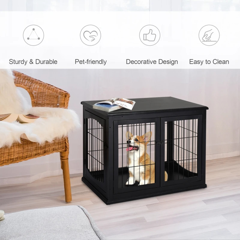 Crate Furniture, 32Small Dog Cage End Table With 2 Doors, Lockable Door, Puppy Kennel Indoor, Black