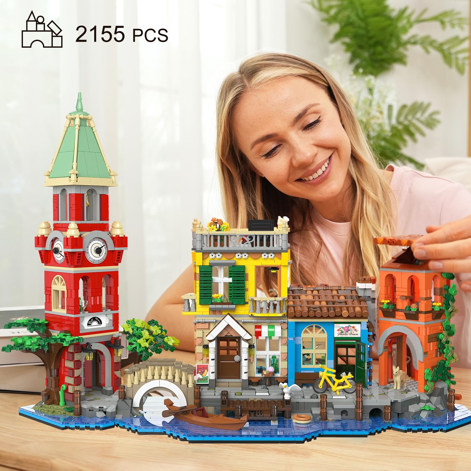 Venice Main Street Building Set For Adults, 2155 PCS City House Building Block Kit With Light Flower Shop Pizzeria, Christmas Home Decor Architecture Model Gift For Women Men Teen Girl