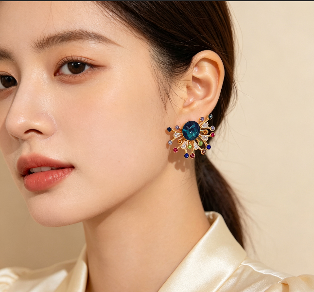 Unique Fireworks Shaped Design, Centered With A Deep Teal Blue Crystal, Surrounded By Bright Multi Color Tiny Zircons, Eye Catching And Gorgeous.