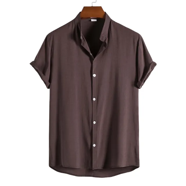 Men's FashionCasual Short Sleeve Stand Collar Shirt Coffee - Shop at LoveMi