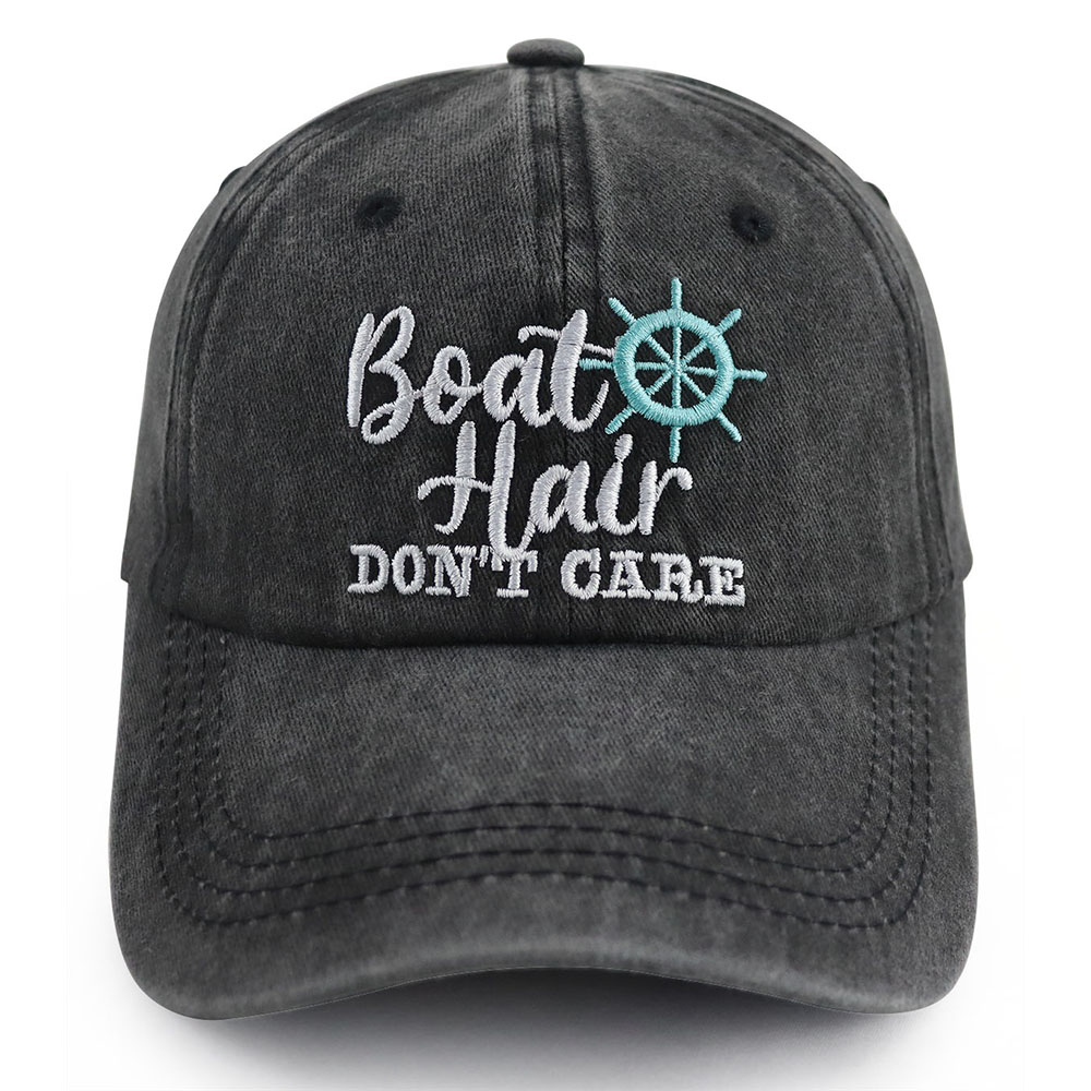 Boat Hair Don't Care Embroidered Baseball Cap, Vintage Washed Distressed Cotton Hat With Ship Wheel Embroidery For Women Boating Fishing Beach