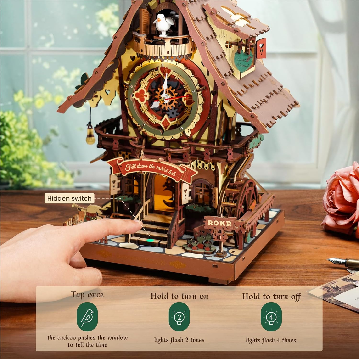 ROKR 3D Wooden Cuckoo Clock Puzzle, A Fun 3D Clock Puzzle Toy With LED Lights And Cuckoo Sounds, 435-piece Mechanical Wall Clock DIY Assembly Set, Suitable For Adults,LC901C