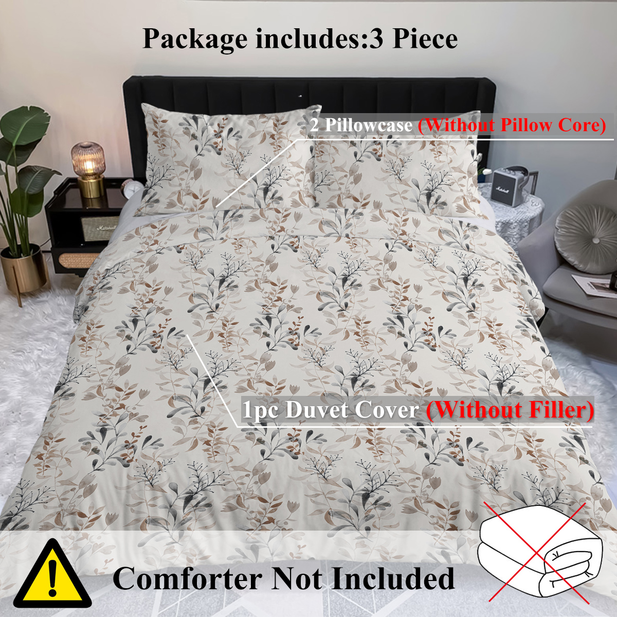 Grey 3 Pieces Grey Floral Duvet Cover Set, Botanical Bed In A Bag Brown Leaves Bedding Set Soft Microfiber 1 Bedding Set And 2 Pillow Shames
