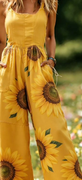 Women's American Retro Print Strappy Wide-Leg Jumpsuit