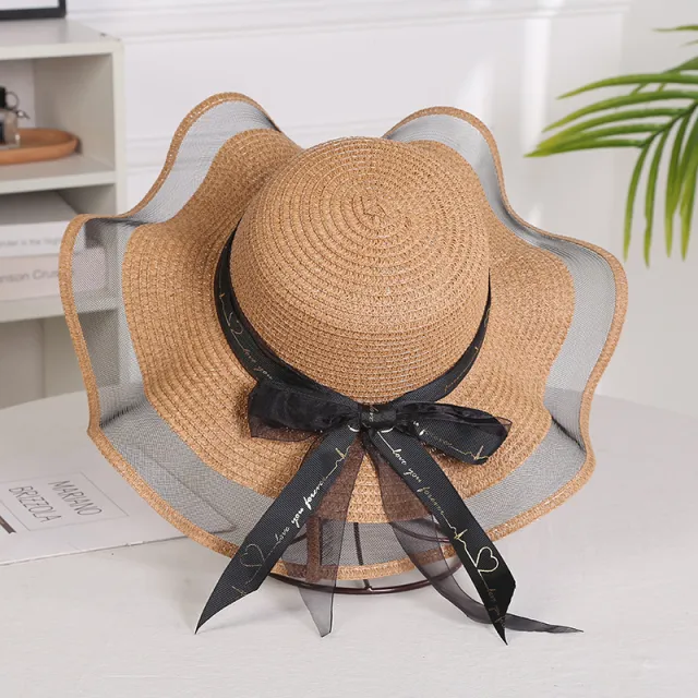 Ladies Mesh Straw Hat Elegant With Big Brim Khaki - Shop at LoveMi