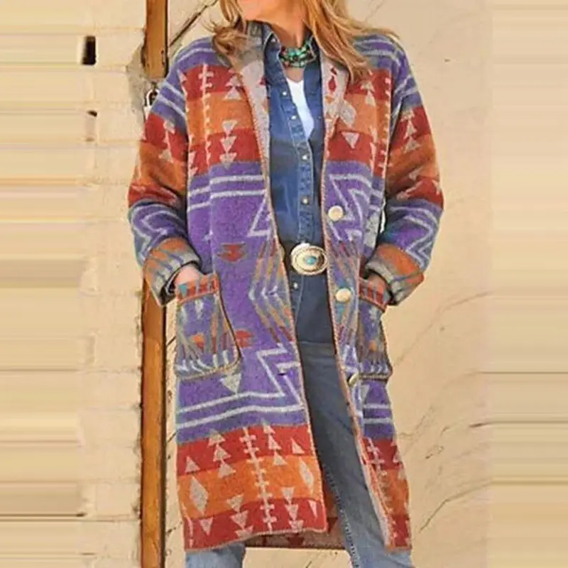 Printed Casual Long-sleeved Woolen Coat