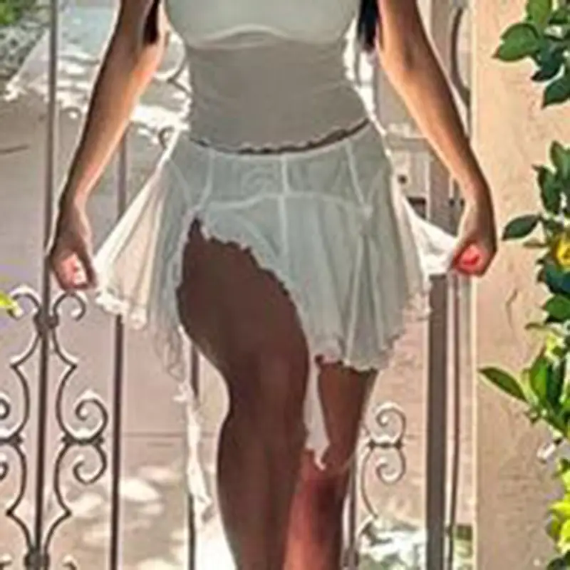 Summer Solid Mesh Pleated Skirt