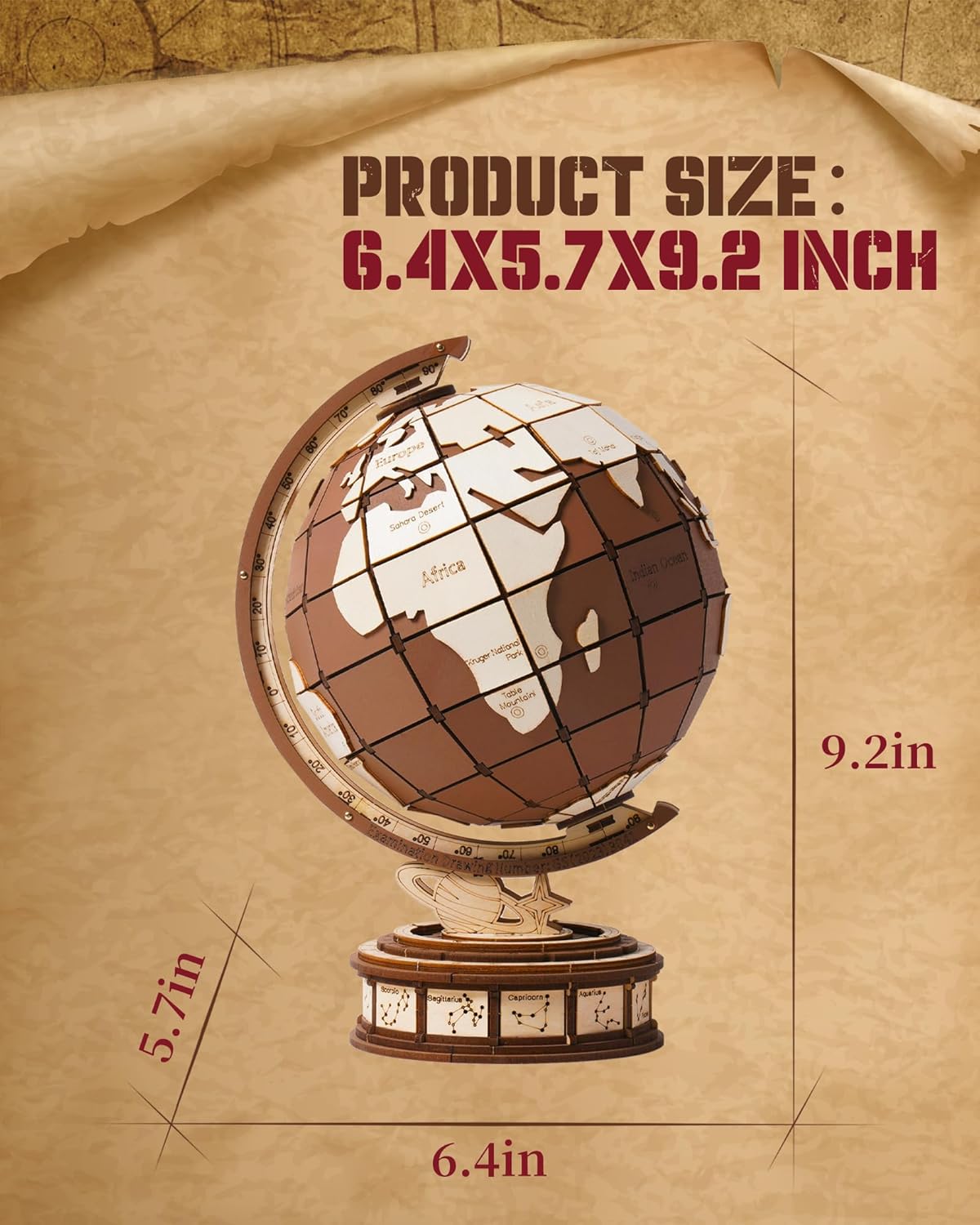 ROBOTIME 3D Wooden Globe Puzzle - 277-piece Rotating World Map Model Set With Astronomical Base, Fun DIY Project For Teenagers, Excellent Decoration