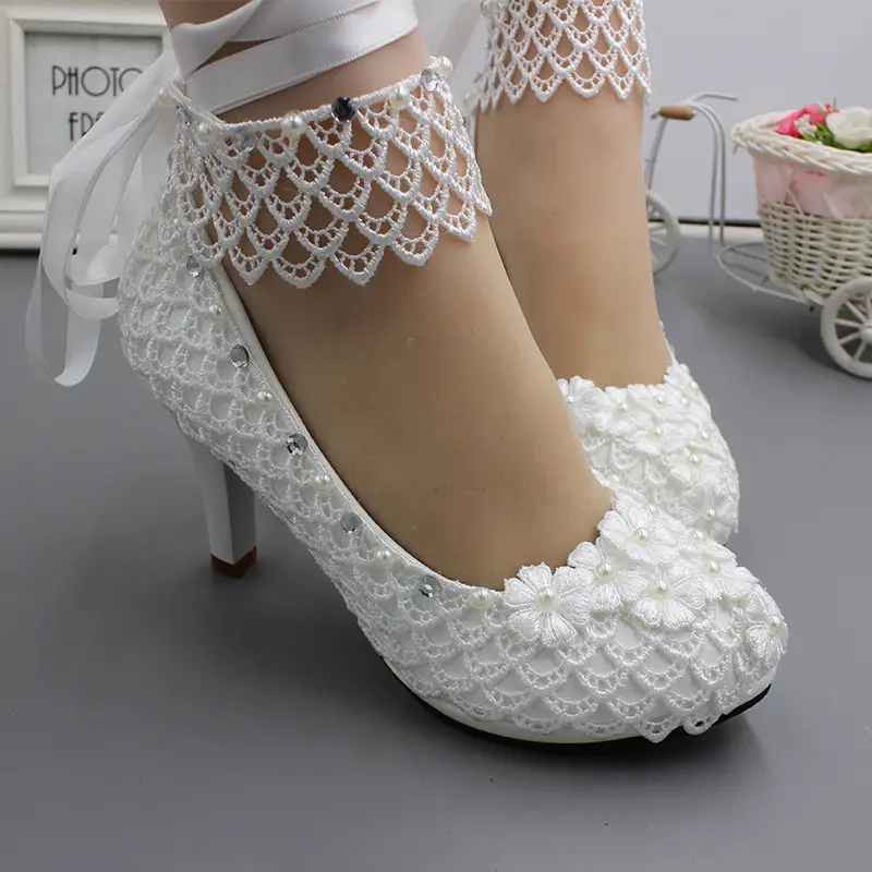 Lace-Up Wedding Pumps with Ankle Ribbon and Floral Lace Detail