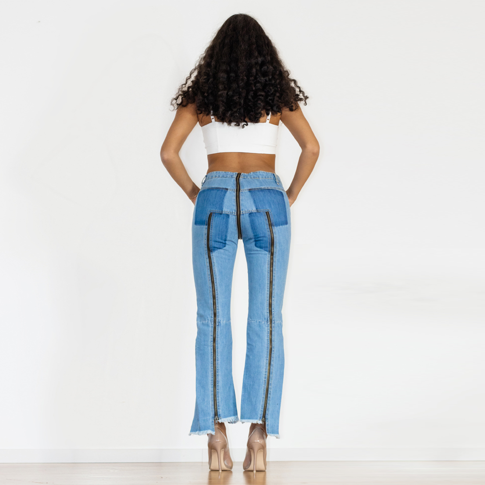 BEYONDARY Women's Light Blue Split Straight Jeans – Slim Fit Zipper Denim Pants for Club & Dance