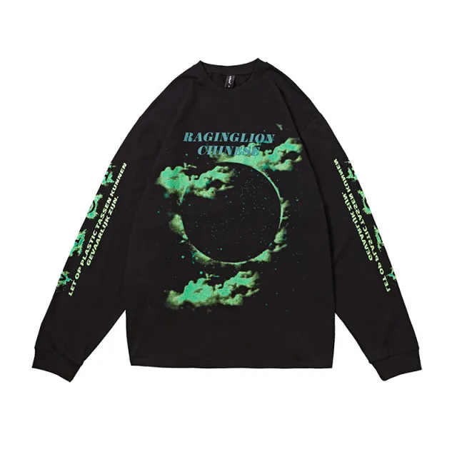 Burning Cloud Retro Design Ins Loose Oversize Long Sleeve T Shirt Black - Shop at LoveMi