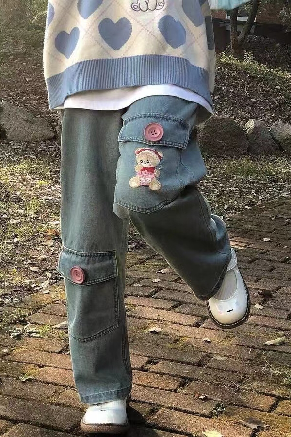 Blue Cropped Wide-Leg Workwear Loose Straight-Leg Jeans