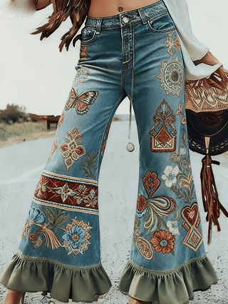 Ladies' Casual And Fashionable Retro Printed High-waisted Single-button Flared Pants, Comfortable Fake Jeans Can Modify The Leg Shape