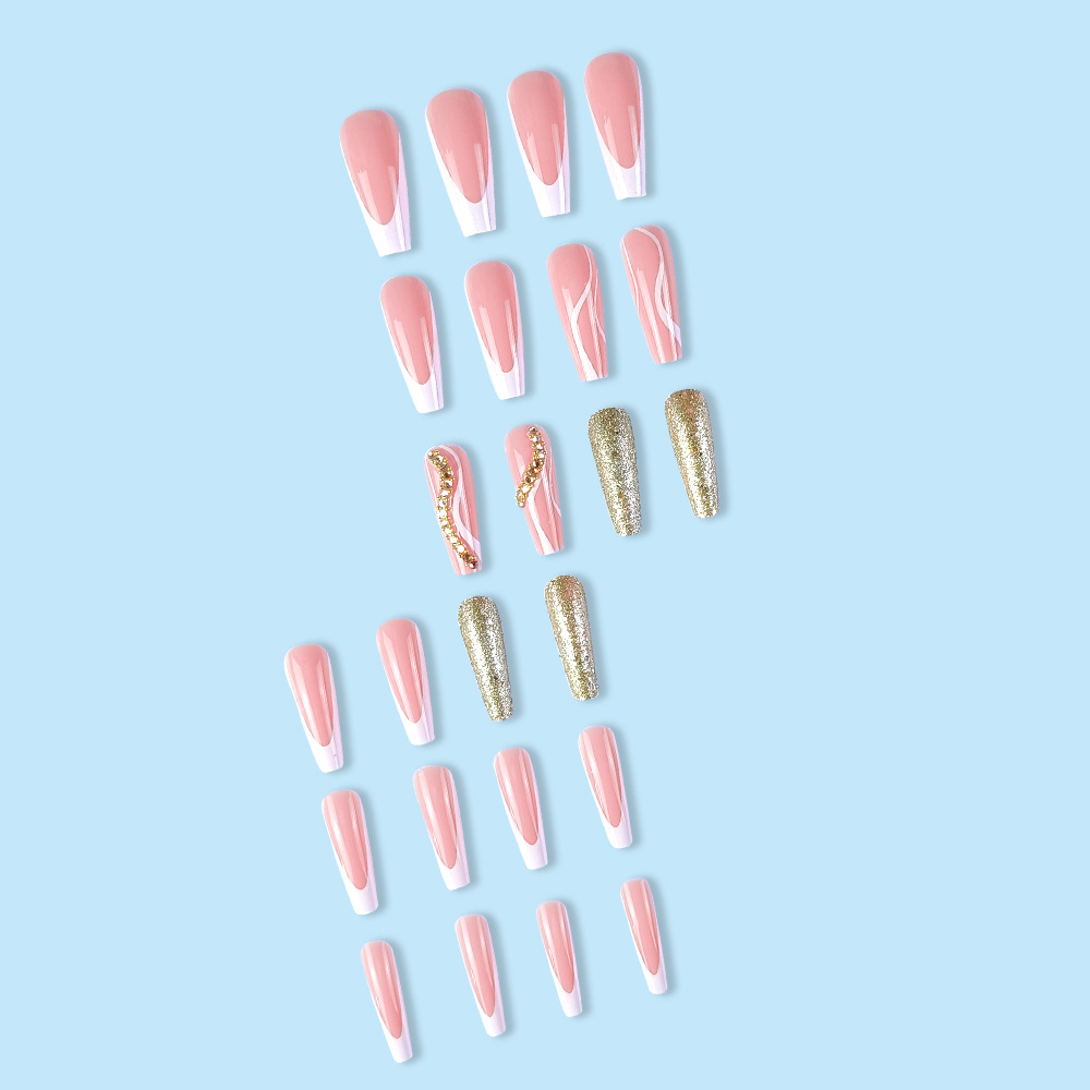 24 Pieces Of Long-style Coffin-shaped White-edged French Pressing-style Nail Geometric Line Wearables With 3D Embedded Crystal Nail Stickers, Including 1 Piece Of Jelly Glue And 1 Nail File. — foto 4
