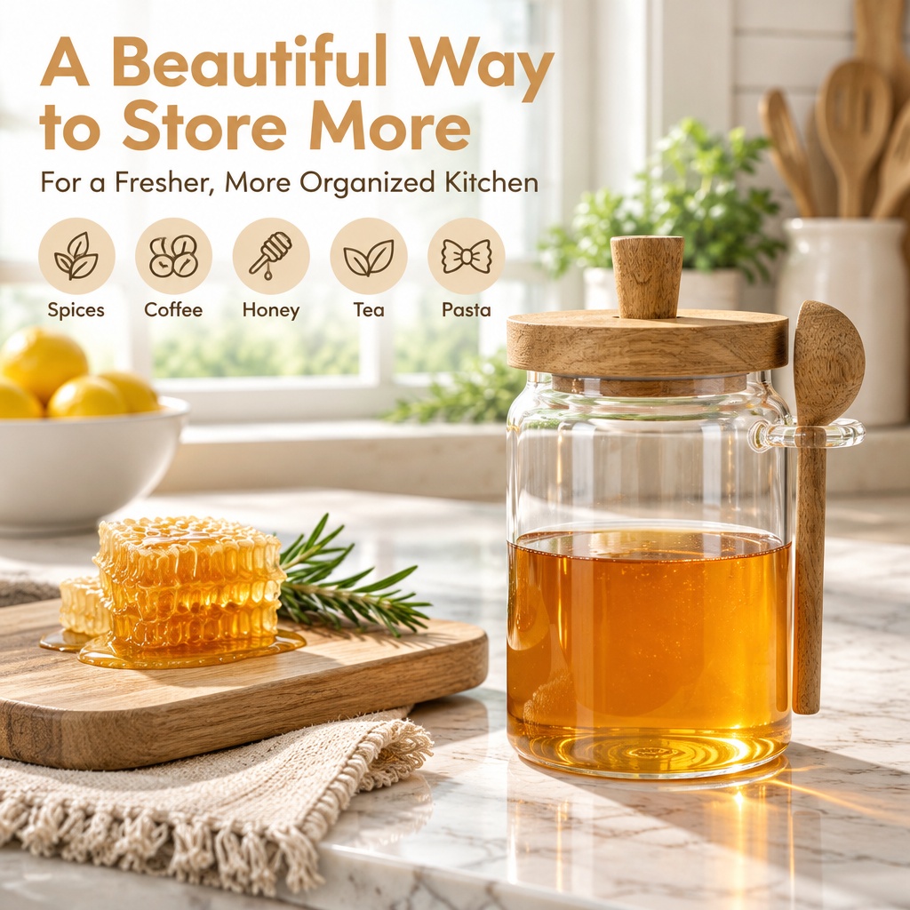 Glass Storage Jar With Acacia Wood Lid And Spoon, Airtight