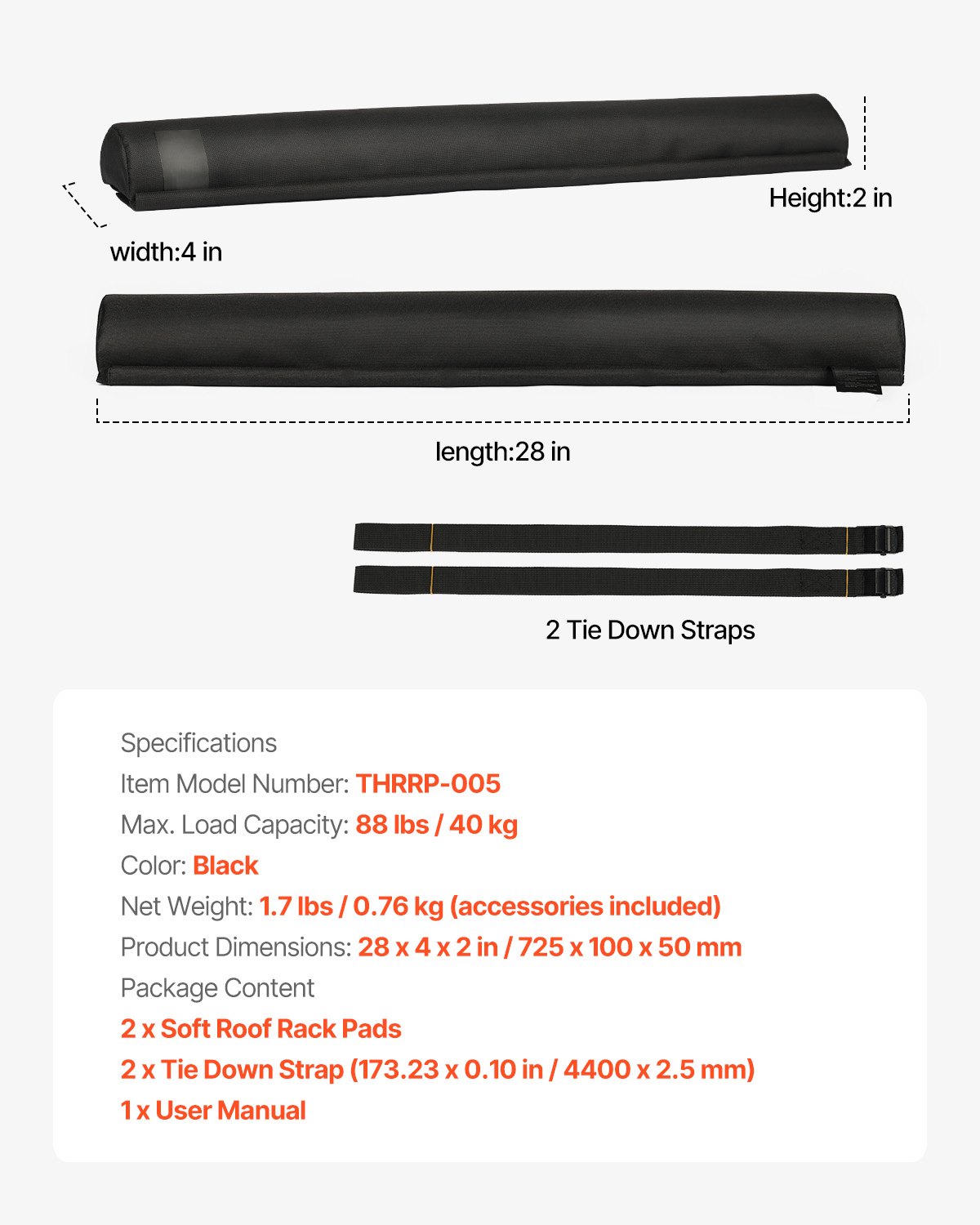 Soft Roof Rack Pads, 28-inch Universal Roof Rack Pads, Suitable For Various Crossbars, With An 88-pound Load Capacity, Equipped With 2 Straps And Velcro, Can Be Used For Luggage, Kayaks, Stand-up Padd