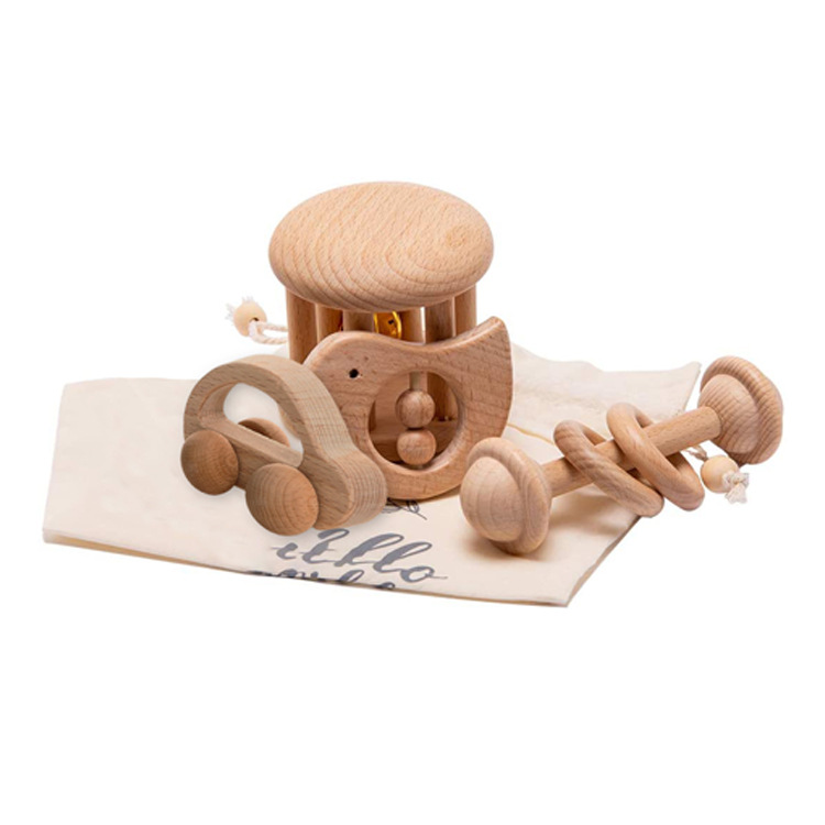 Natural Wooden Baby Rattle and Car Toy Set for Intellectual Development - MAMTASTIC