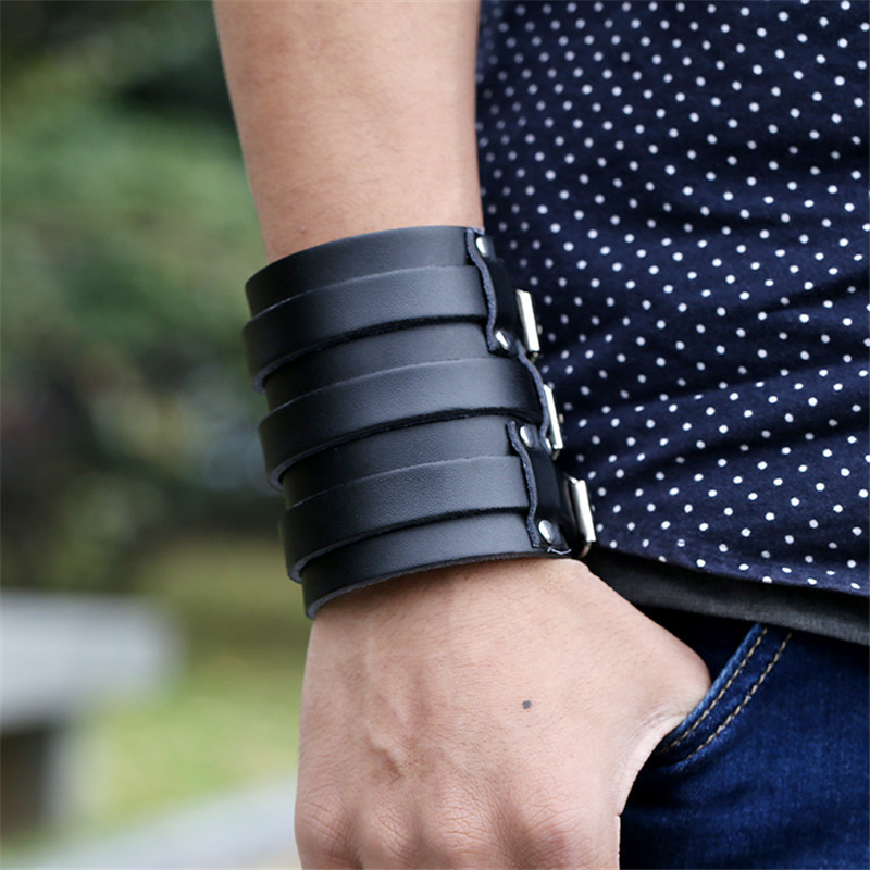 Title 1, Exaggerated Punk Cattle Leather Bracelet Wide L...