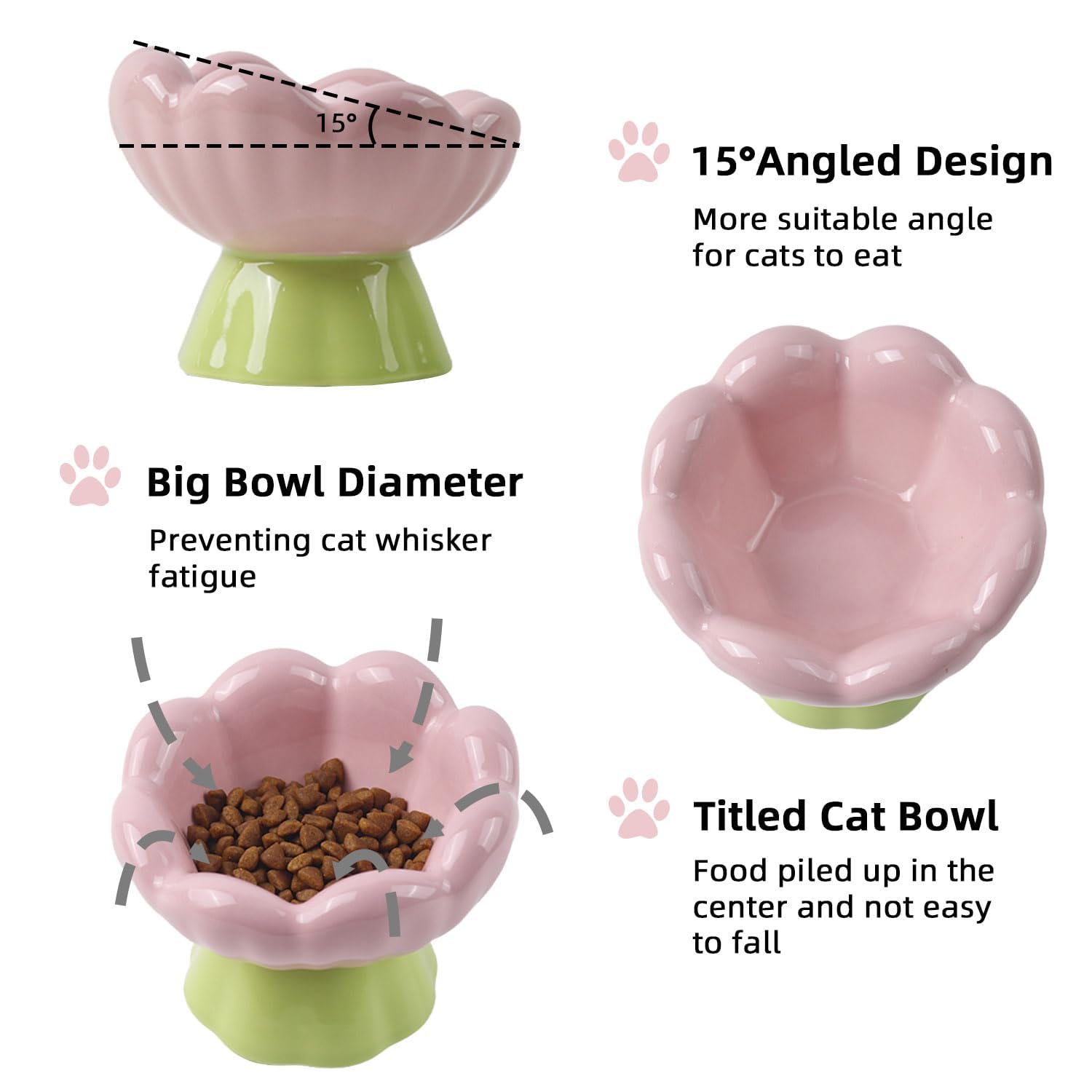 Ceramic Raised Cat Bowl, Pink Elevated Food Bowls For Food And Water Protecting Spine And Whisker Friendly, Tulip Shape Cute Pet Feeder Dish For Indoor Cats And Small Dogs 2