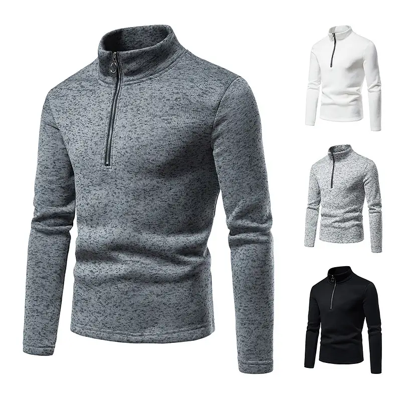 Hollow Youth Placket Zipper Design High Neck Bottoming T Shirt Sweater Men