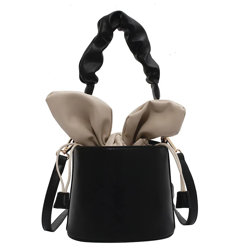 Cute Rabbit Ears Girl Heart Tie Bucket Pleated Handbag - Black