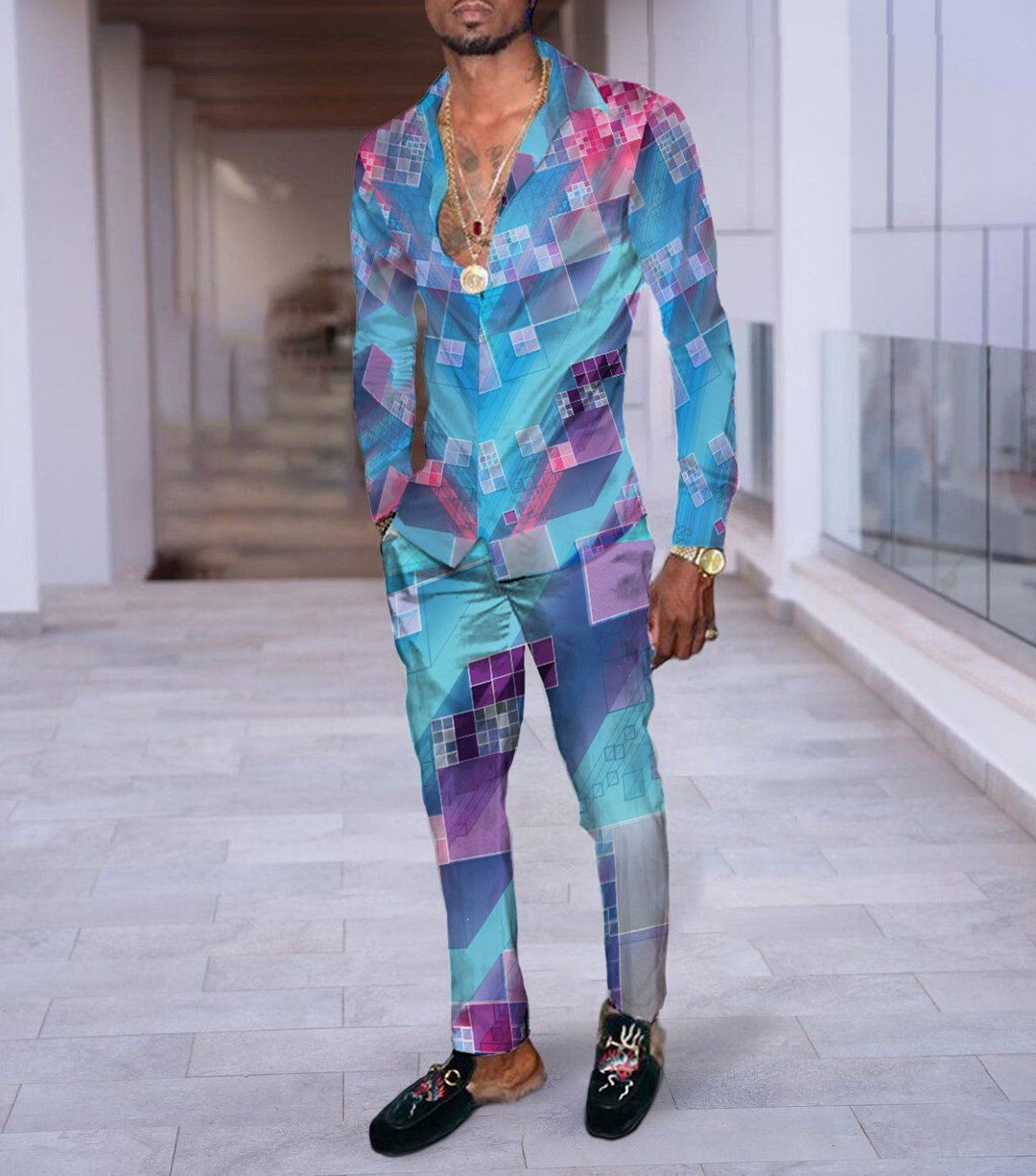 Hip Hop Hong Kong Style Fashion 3D Printing Casual Long Sleeve Shirt Suit
