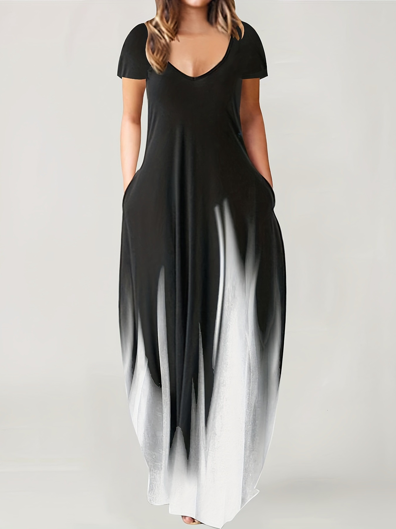 Women's Ombre Gradient Short Sleeve Maxi Dress With Pockets Casual V-Neck Loose Fit Long Dress For Summer