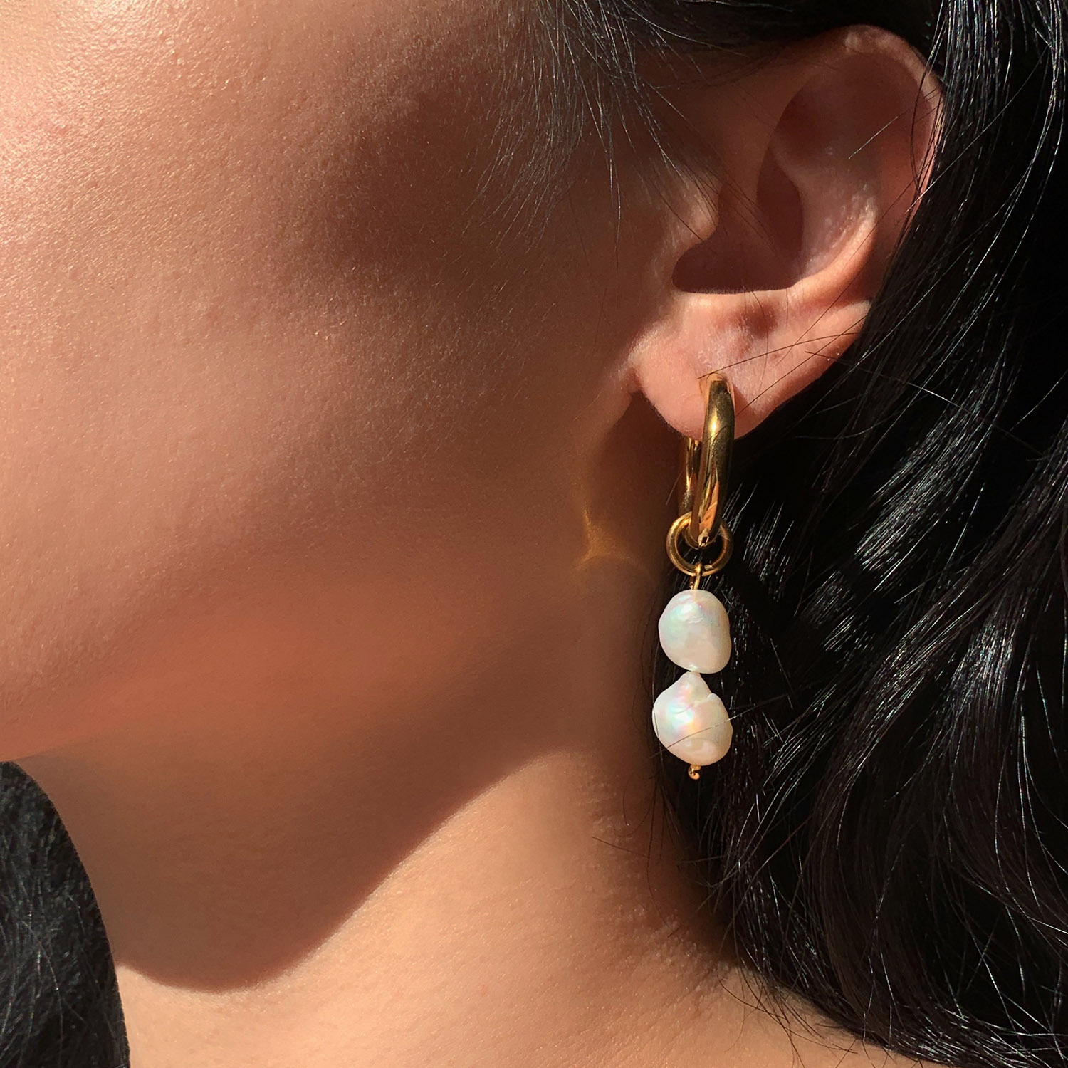 Double Freshwater Pearl Pendant Double Gold Plated Stainless Steel Earrings