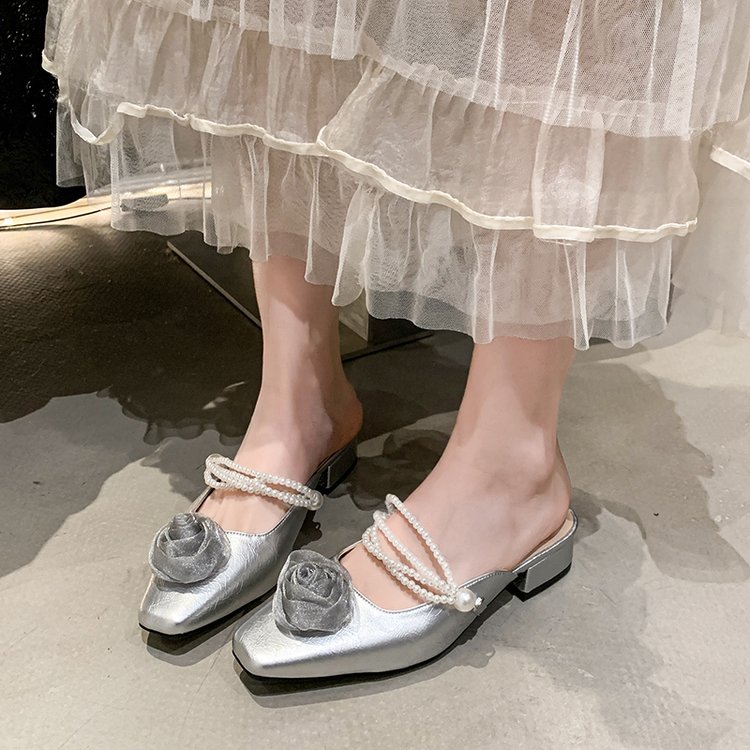 Women Square Toe Satin Mule Flats 3D Fabric Rose Ornament Double Pearl Chain Strap Low Block Heel Backless Slip On Mules Romantic Fairy Closed Toe Slide Shoes For Daily Party 5