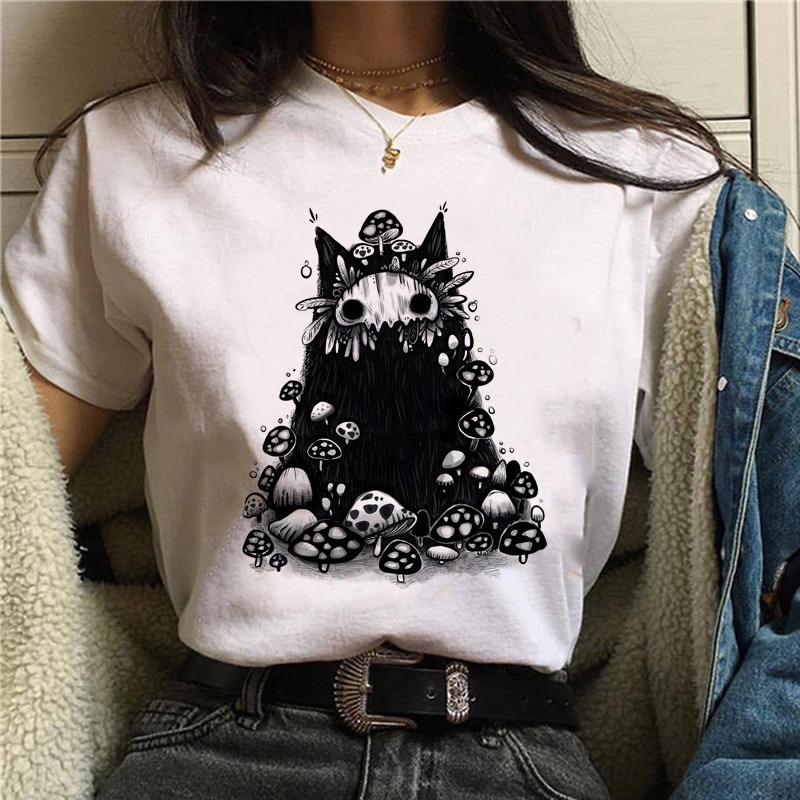 Title 2, Cartoon Cat Mushroom Halloween Print T-shirt Sh...