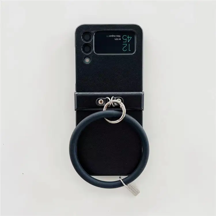 Leather Grain Solid Color Portable Ring Folding Screen Rear Cover Phone Case