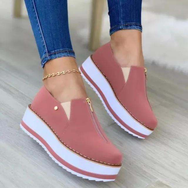 Zipper Flat Shoes Slip On Platform Loafers Women Pink - Shop at LoveMi