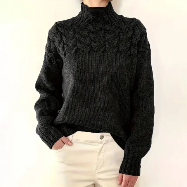Plus Size Women's Turtleneck Sweater Solid Color Long Sleeve Patterned Knit Top For Autumn And Winter Black - Shop at LoveMi
