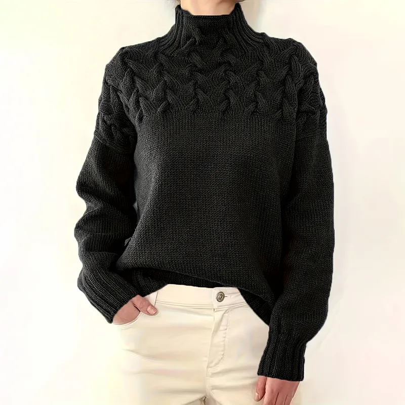 Plus Size Women's Turtleneck Sweater Solid Color Long Sleeve Patterned Knit Top For Autumn And Winter - Black