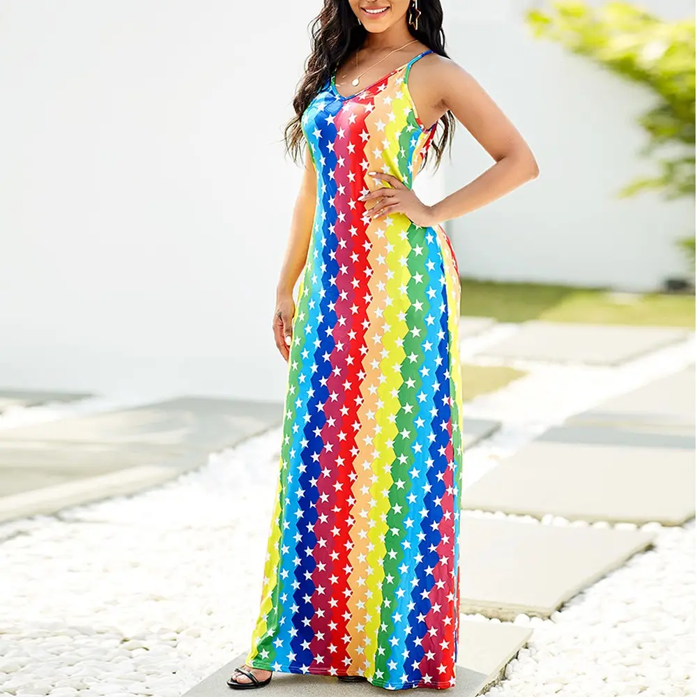 Sling Dress Multicolored Striped Gradient Dress