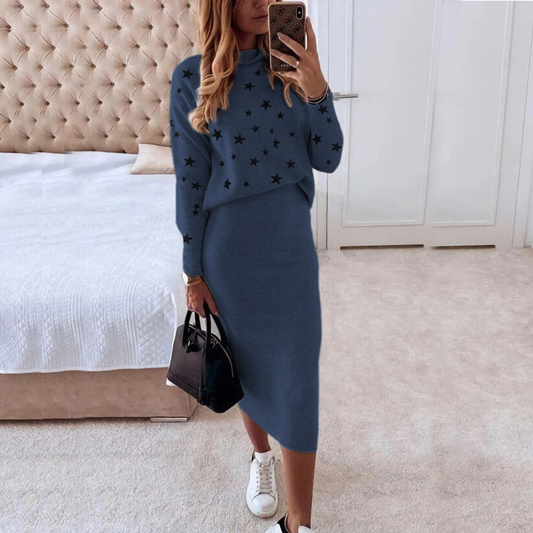 Long-sleeved Printed High-neck Tight-fitting Casual Bag Hip Two-piece Suit
