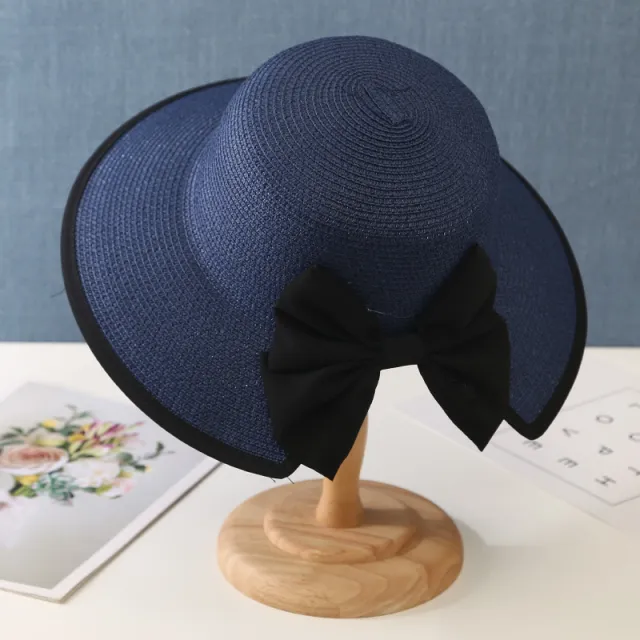 Straw Hat Women's Summer Big Along The Sun Shade Hat Beach Sun Hat Navy Blue - Shop at LoveMi